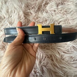 ❤️❤️❤️ Authentic Hermes Black Leather Belt with H Gold Buckle size 70